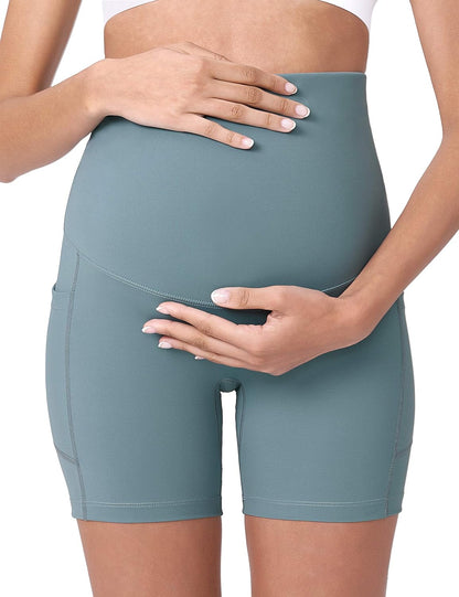 POSHDIVAH Women's Maternity Yoga Shorts Over The Belly Bump Summer Workout Running Active Short Pants with Pockets 5"/8"